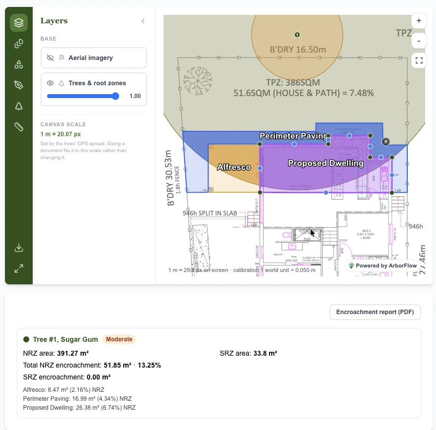 ArborFlow encroachment calculator: a proposed dwelling and paving overlaid on a tree’s root zone, with NRZ area, SRZ area and encroachment percentage per structure.